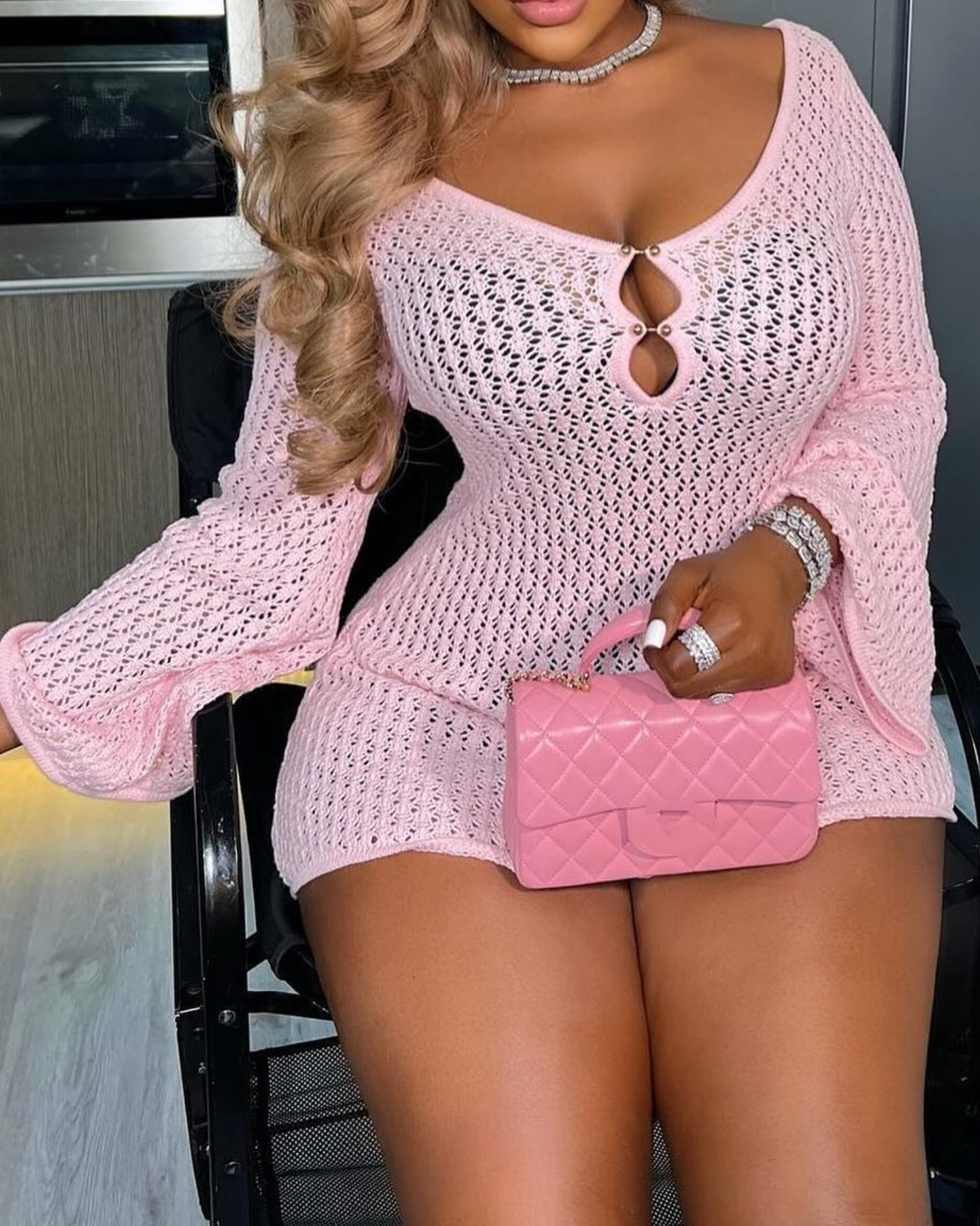 Pink sweater openwork dress