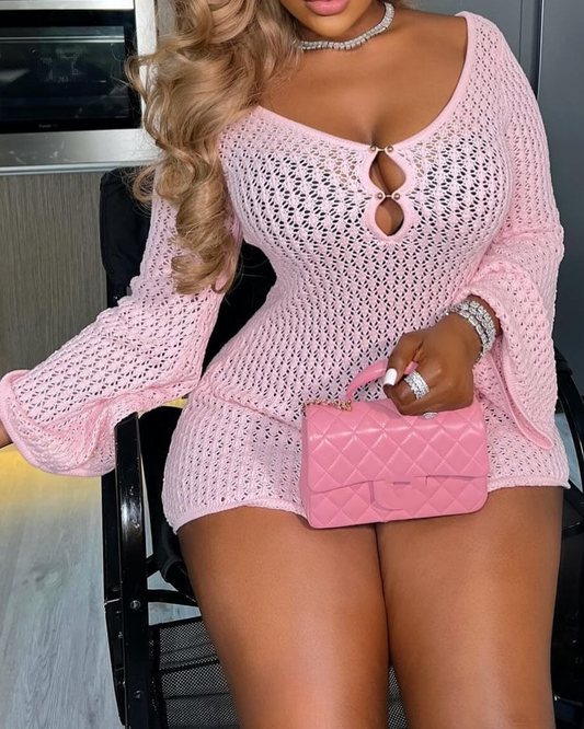 Pink sweater openwork dress