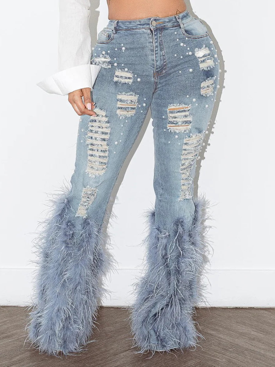 High-waisted Distressed Pearl-embellished Feather Jeans