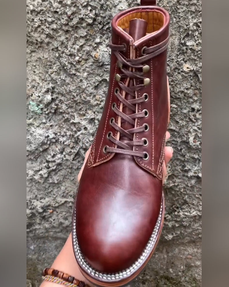 Red-brown handmade leather high-top boots