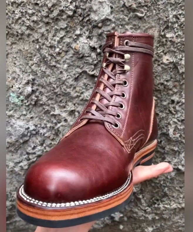 Red-brown handmade leather high-top boots