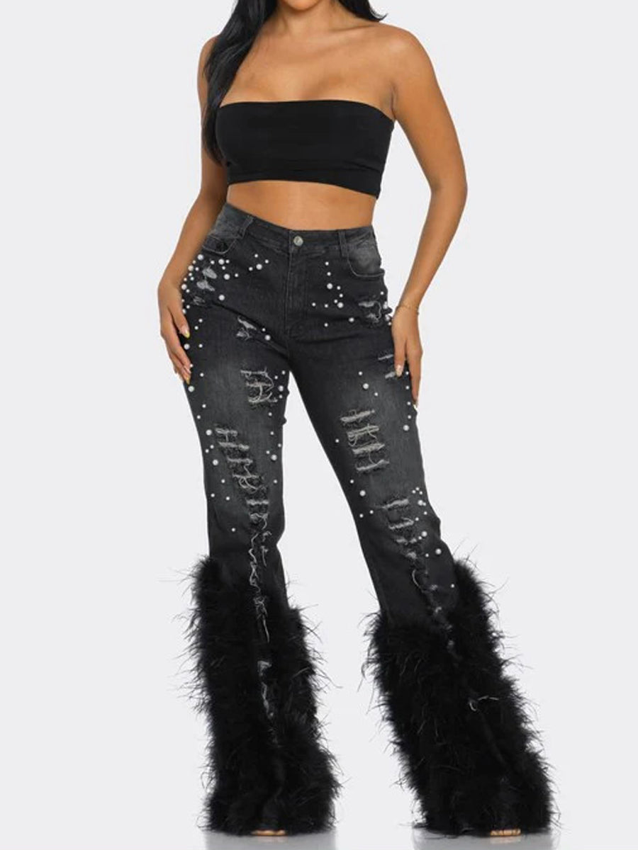 High-waisted Distressed Pearl-embellished Feather Jeans