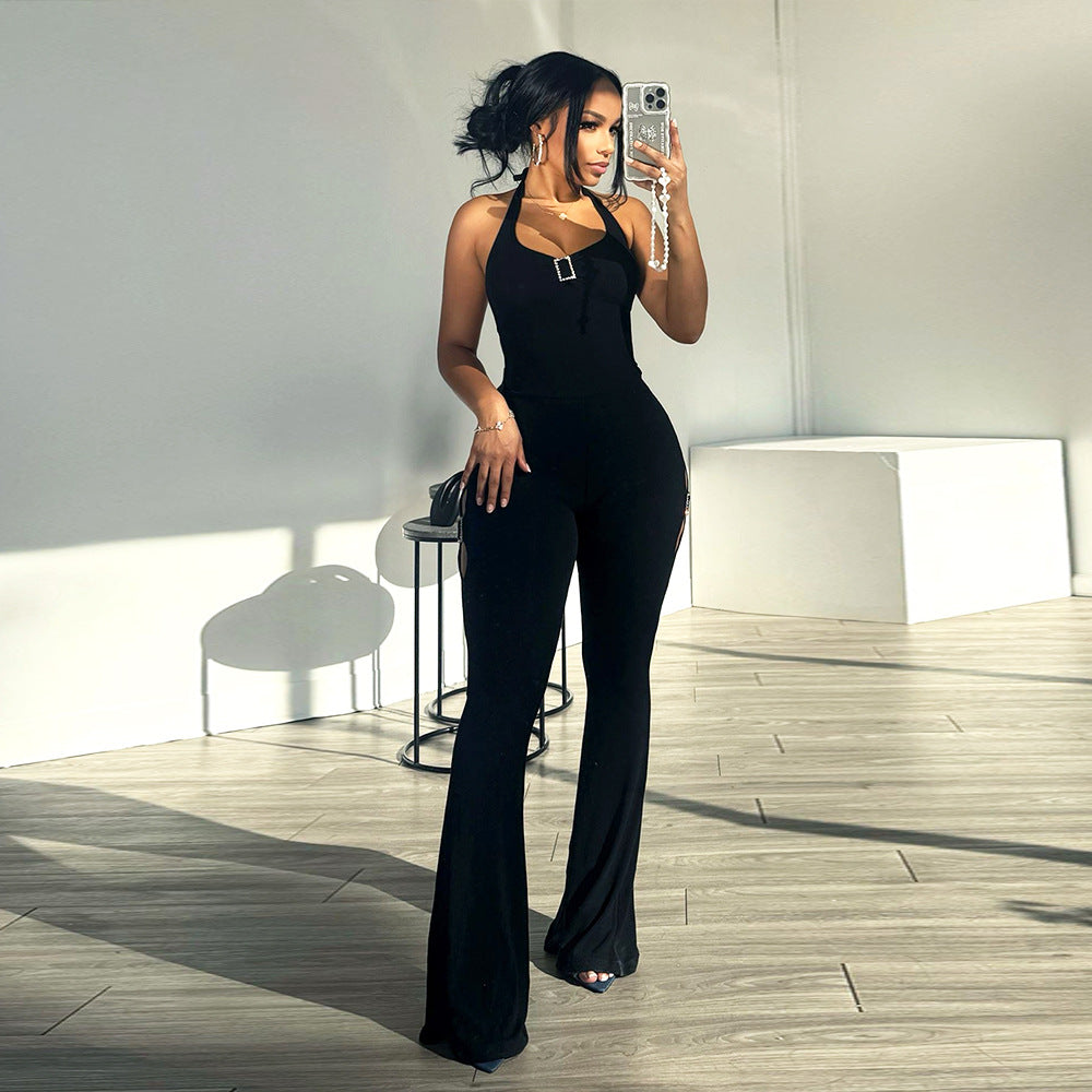 Halter Rhinestone Buckle Jumpsuit