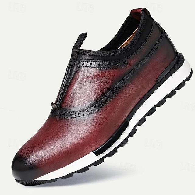 Men's Dress Sneakers Leather Italian Full-Grain Cowhide Slip Resistant Lace-up Black Burgundy Blue