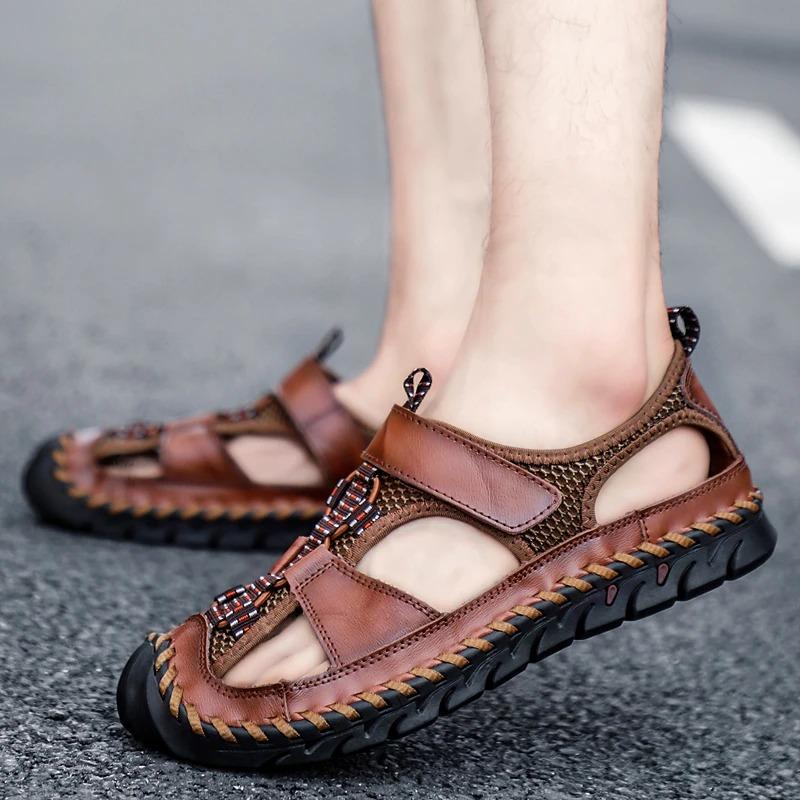 Men's Leather Sandals Plus Size Handmade Shoes Closed Toe Sandals