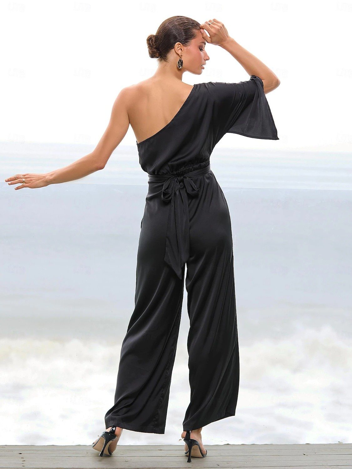 Satin One Shoulder Pocket Elegant Jumpsuit