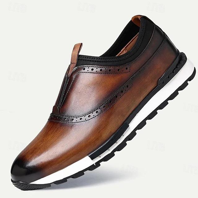 Men's Dress Sneakers Leather Italian Full-Grain Cowhide Slip Resistant Lace-up Black Burgundy Blue