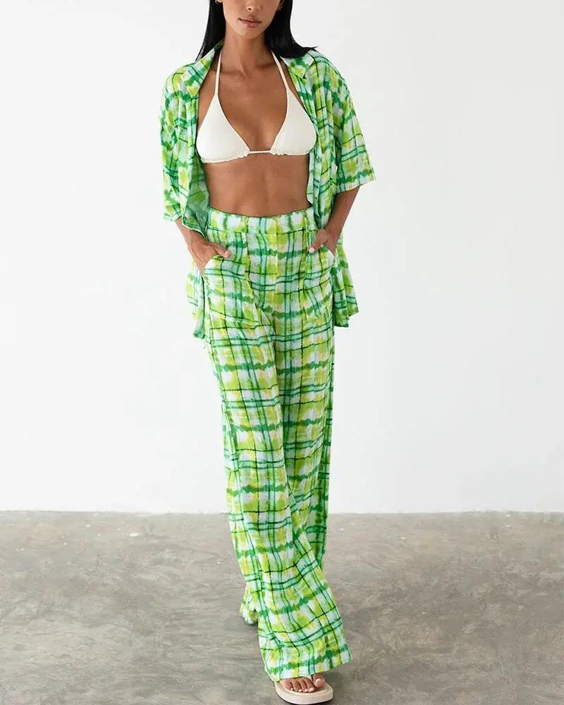 Green sfumato pattern print two piece set