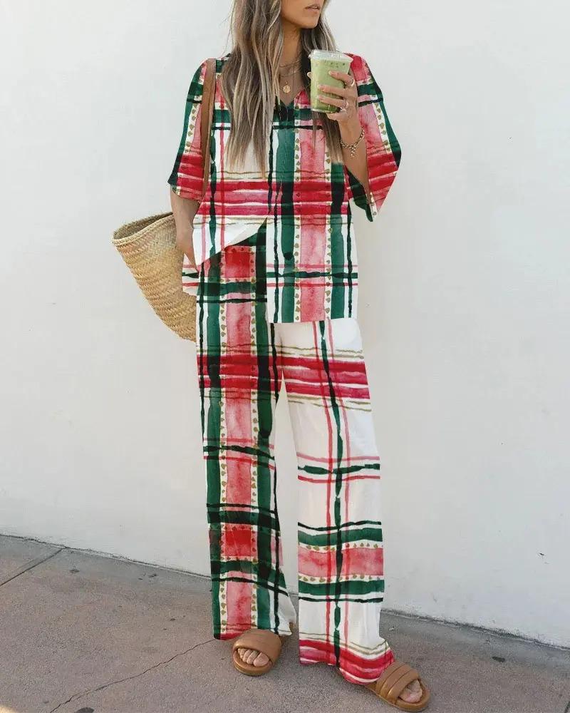 Christmas contrasting plaid print two-piece set