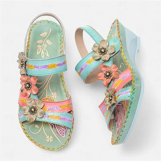 Hand-painted Outdoor Daily Beach Floral Rivet Flower Platform Wedge Round Toe Bohemia Vintage Casual Walking Premium Leather Loafer Green