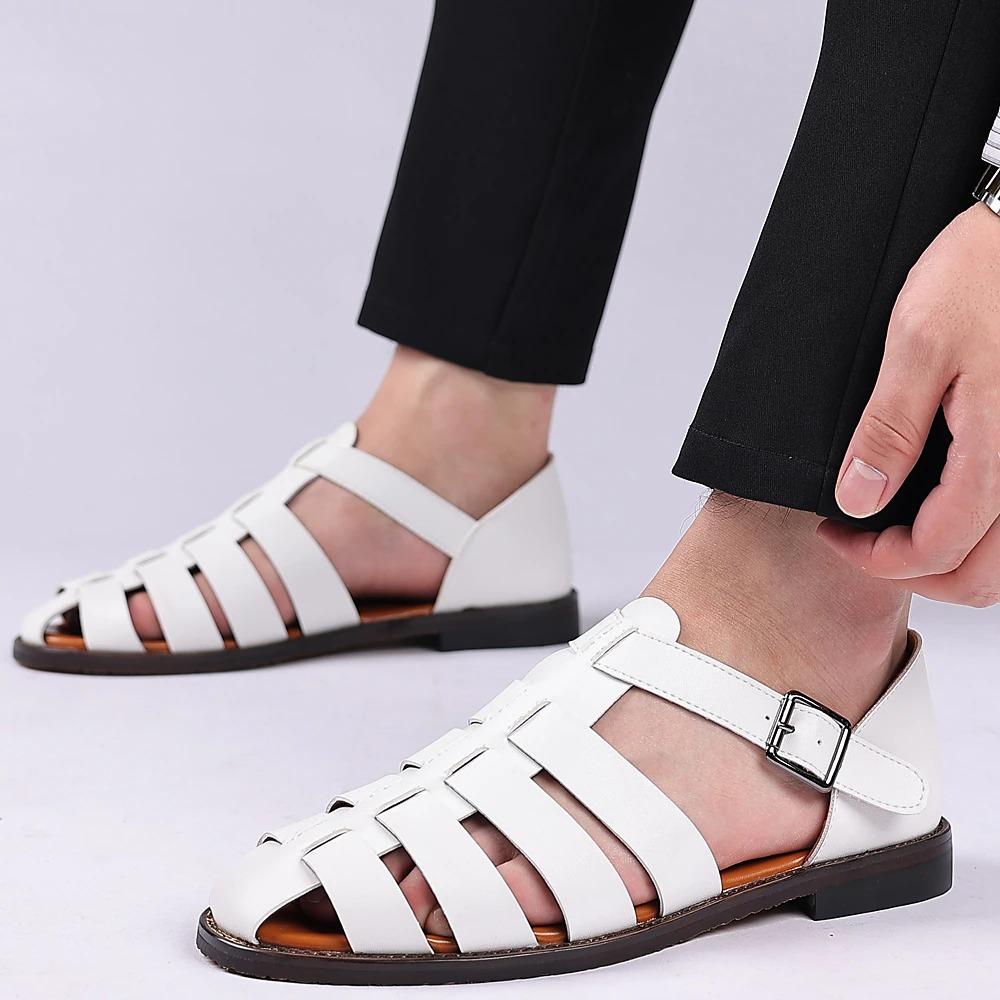 Men's PU Leather Sandals Fishermen Sandals Closed Toe Shoes Casual Beach Outdoor Daily Buckle Sandals Black White Blue Summer Spring