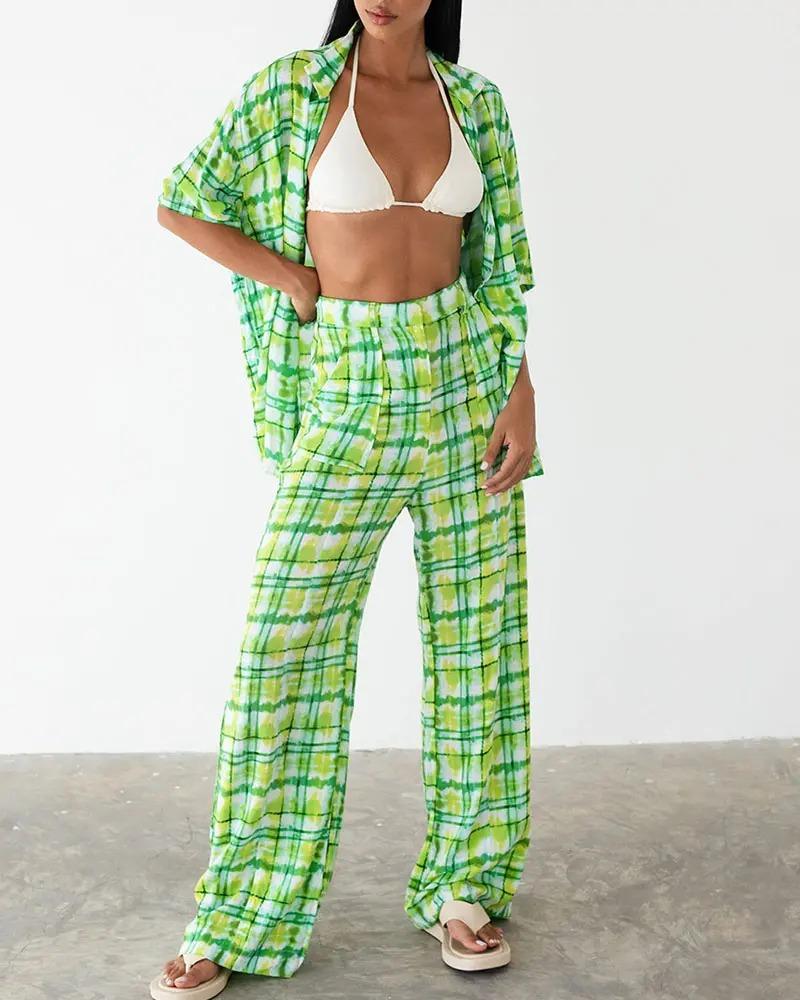 Green sfumato pattern print two piece set