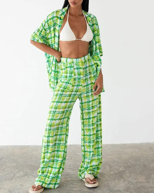 Green sfumato pattern print two piece set