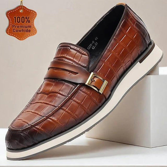 Men's Loafers Leather Black Brown Crocodile Pattern Metal Buckle