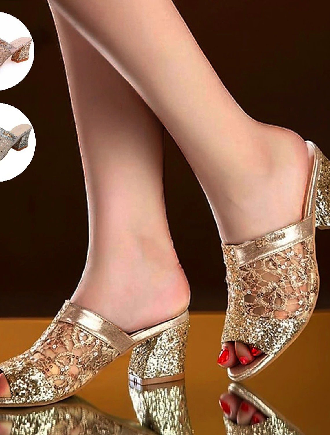 Women's Mules Glitter Crystal Sequined Jeweled Heeled Mules Sparkly Sandals Party Daily Beach Solid