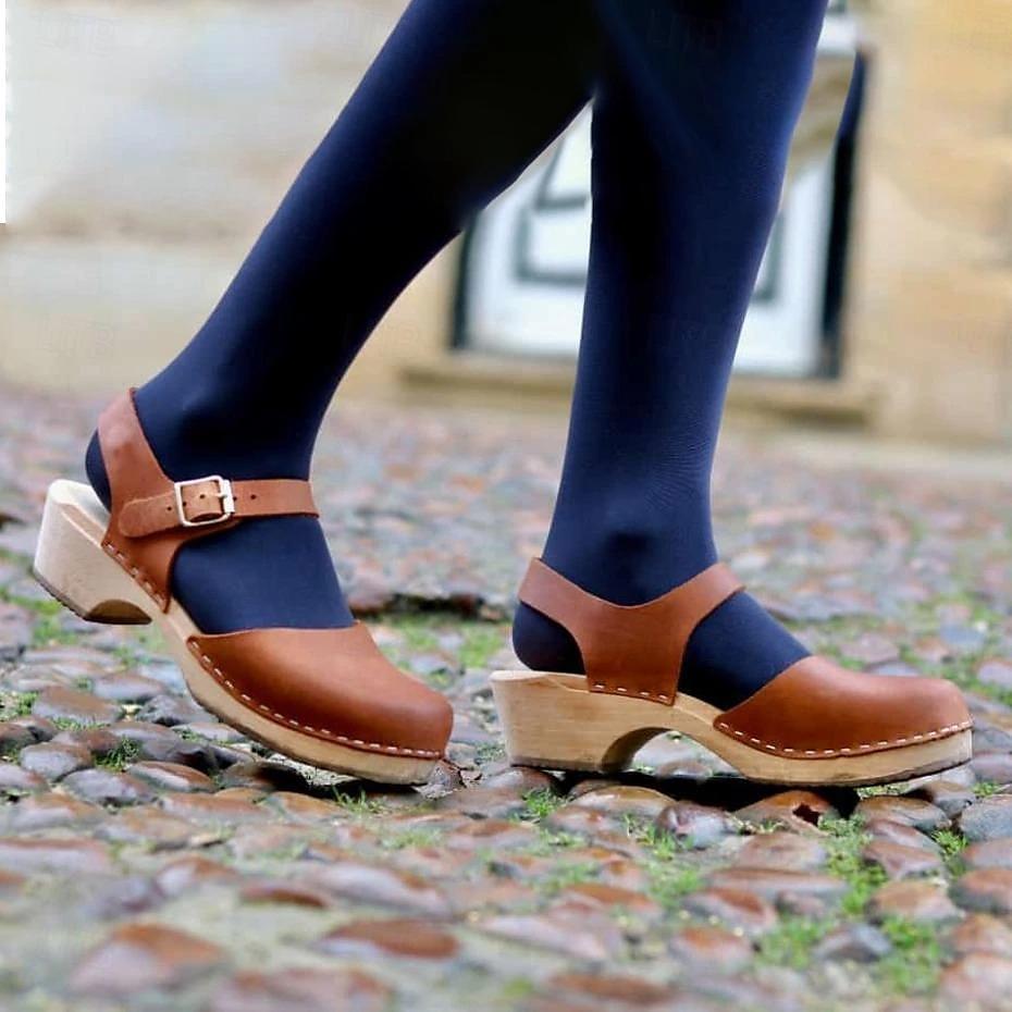 Buckle Block Heel Round Toe Vintage PU T-Strap