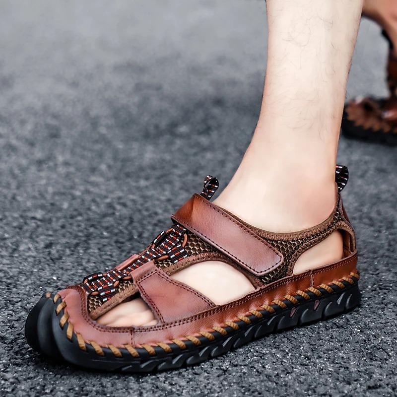 Men's Leather Sandals Plus Size Handmade Shoes Closed Toe Sandals