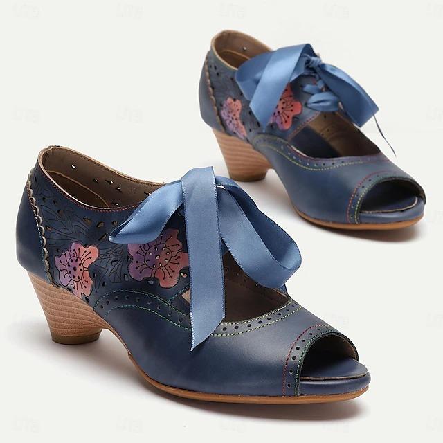 Women's Vintage Blue Floral Cut-Out Leather Peep Toe Sandals with Ribbon Ties