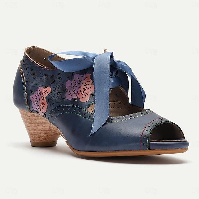 Women's Vintage Blue Floral Cut-Out Leather Peep Toe Sandals with Ribbon Ties