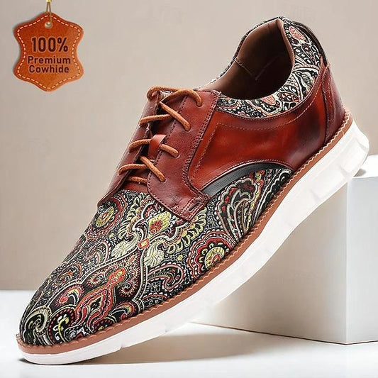 Print Shoes Leather Italian Full-Grain Cowhide Comfortable Slip Resistant Lace-up Brown