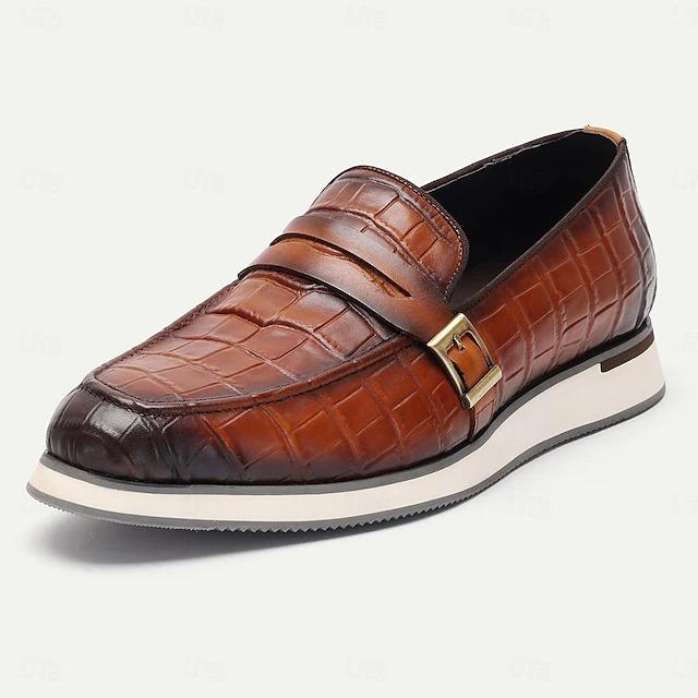 Men's Loafers Leather Black Brown Crocodile Pattern Metal Buckle