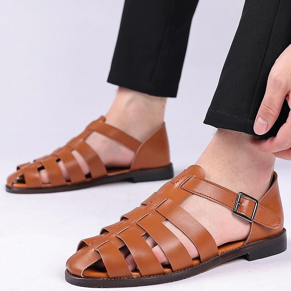 Men's PU Leather Sandals Fishermen Sandals Closed Toe Shoes Casual Beach Outdoor Daily Buckle Sandals Black White Blue Summer Spring