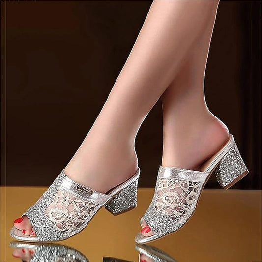 Women's Mules Glitter Crystal Sequined Jeweled Heeled Mules Sparkly Sandals Party Daily Beach Solid