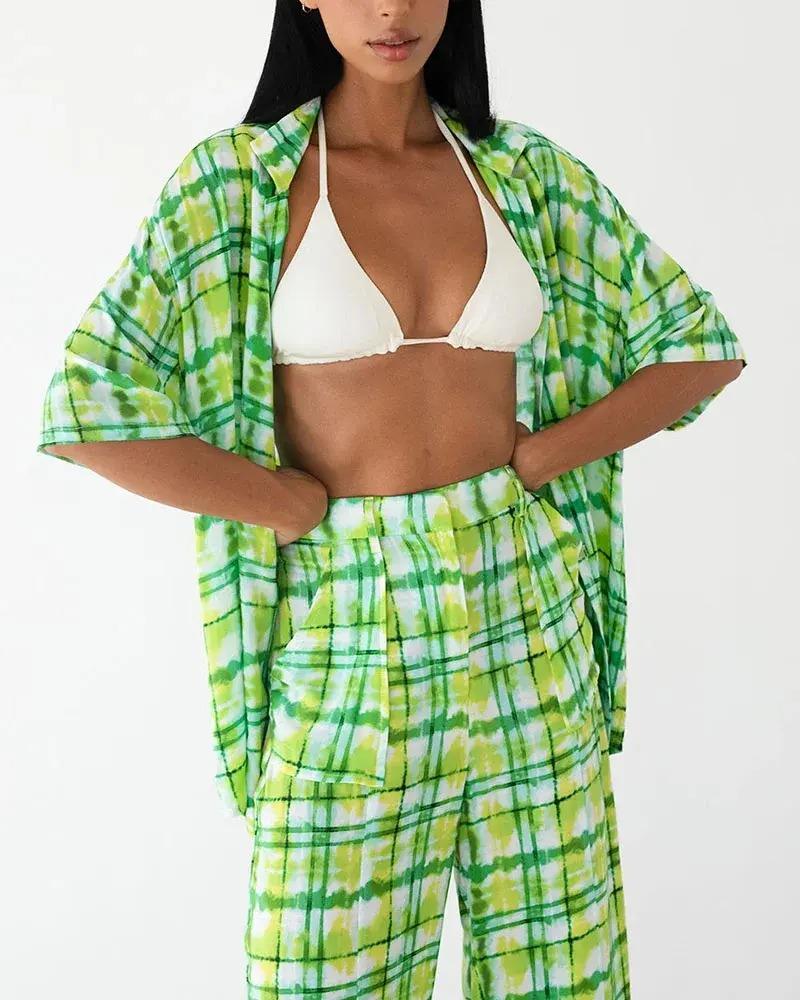 Green sfumato pattern print two piece set