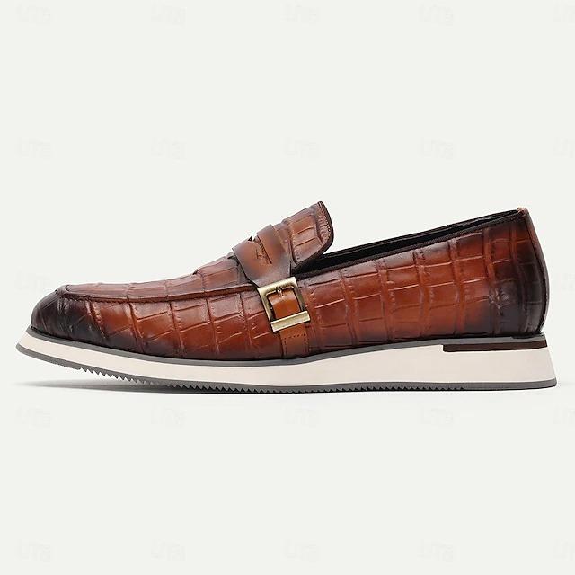 Men's Loafers Leather Black Brown Crocodile Pattern Metal Buckle