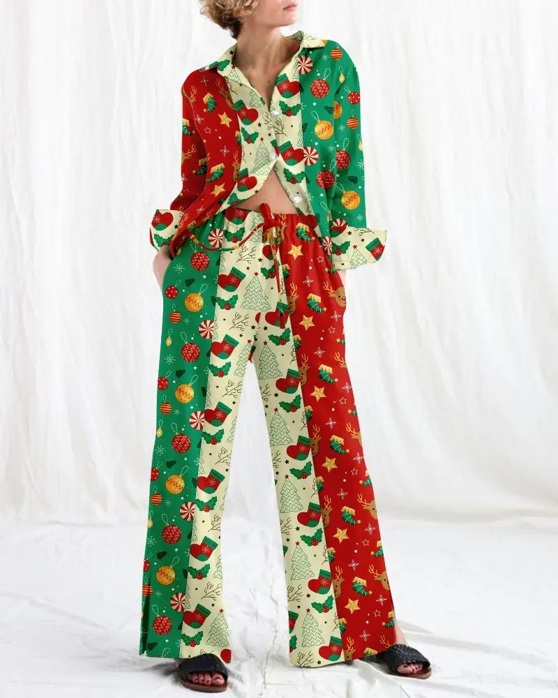 Christmas contrasting print two-piece set