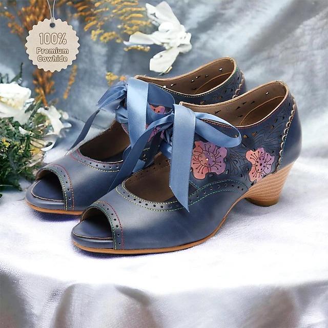 Women's Vintage Blue Floral Cut-Out Leather Peep Toe Sandals with Ribbon Ties