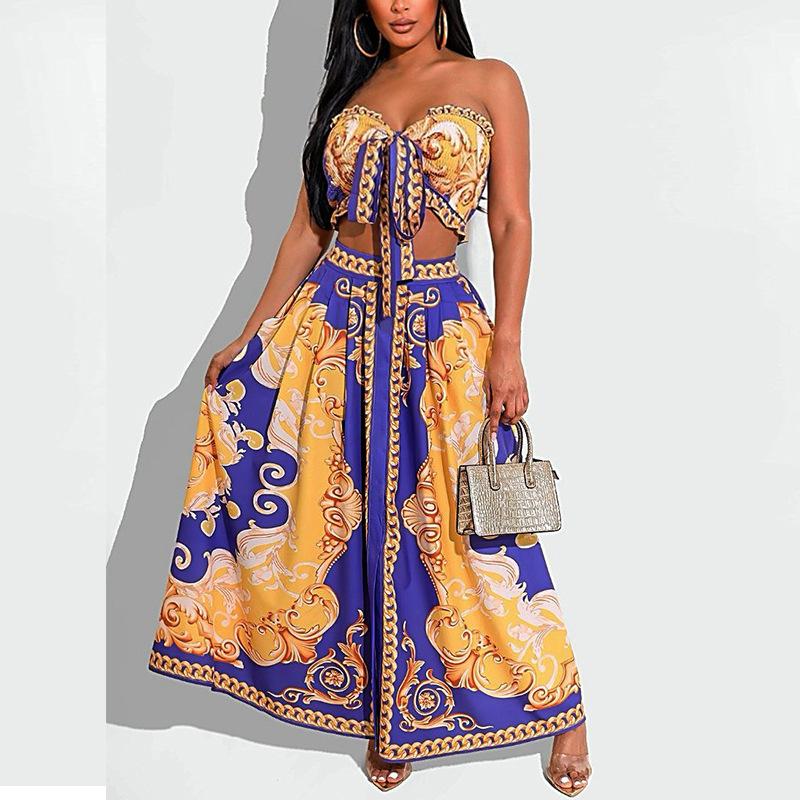 Long printed skirt suit wrapped in sexy chest in summer