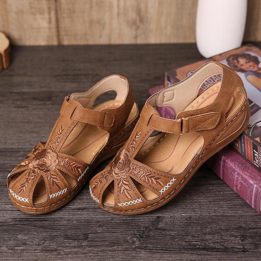 Solid Color Summer Embroidery Wedge Heel Round Toe Elegant Casual shoes