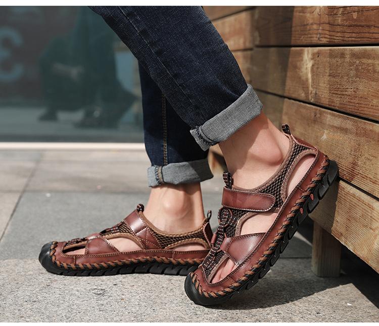 Men's Leather Sandals Plus Size Handmade Shoes Closed Toe Sandals