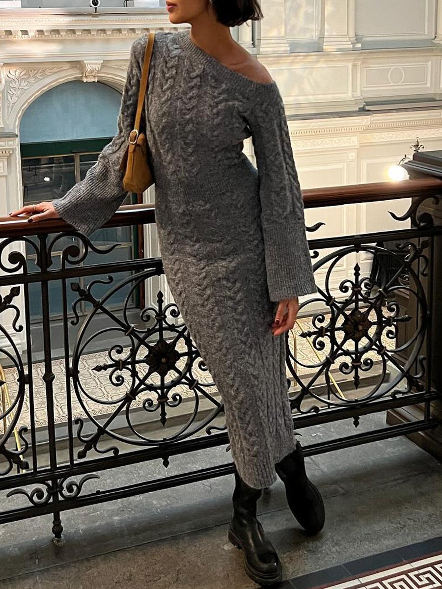 Skew Neck Knit Sweater Dress