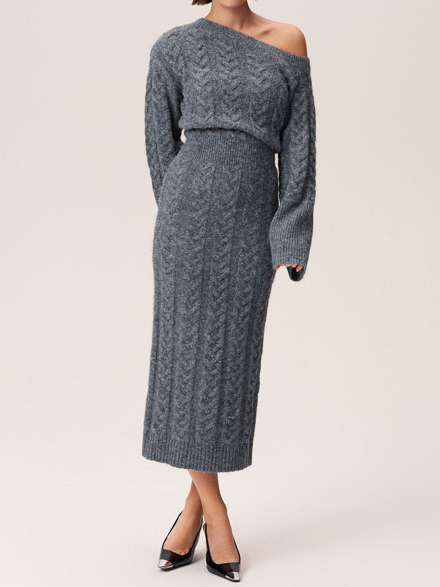 Skew Neck Knit Sweater Dress