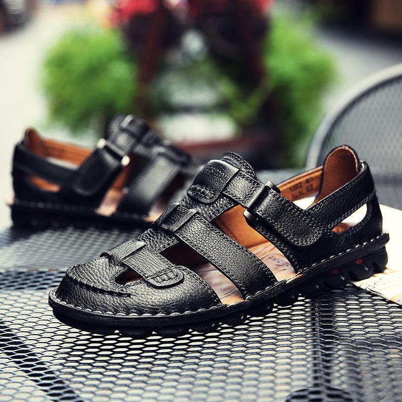 Closed Toe Sandals Leather Italian Full-Grain Cowhide Breathable Comfortable Slip