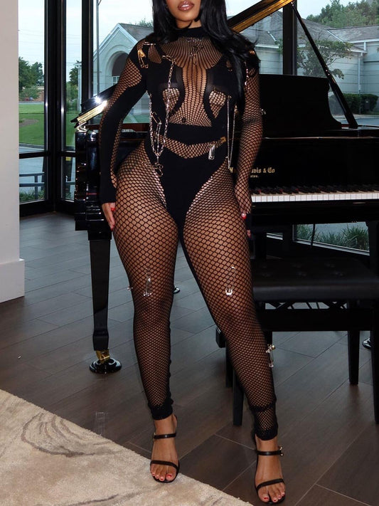 Fishnet Jumpsuit With Chain