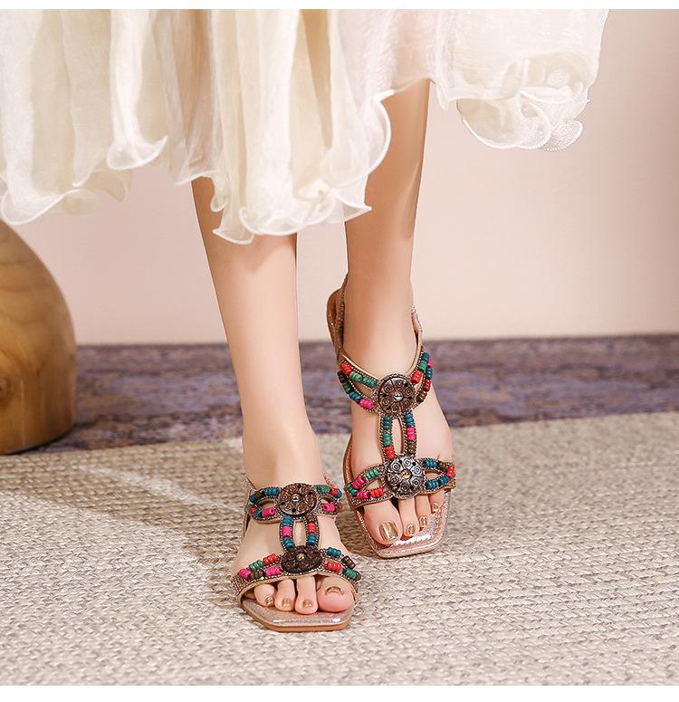 Women's Beaded Embellished Flat Sandals - Colorful Tribal-Inspired Casual Summer Footwear