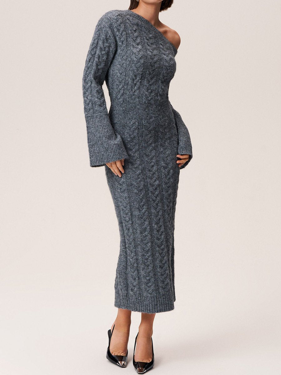 Skew Neck Knit Sweater Dress