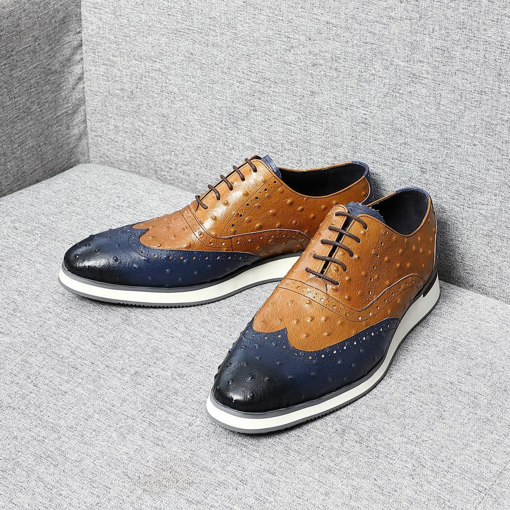 Handmade ostrich leather embossed classic Oxford color matching casual shoes