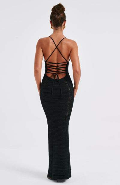 Women's fashionable halterneck sexy low-cut backless knitted hollow see-through dress