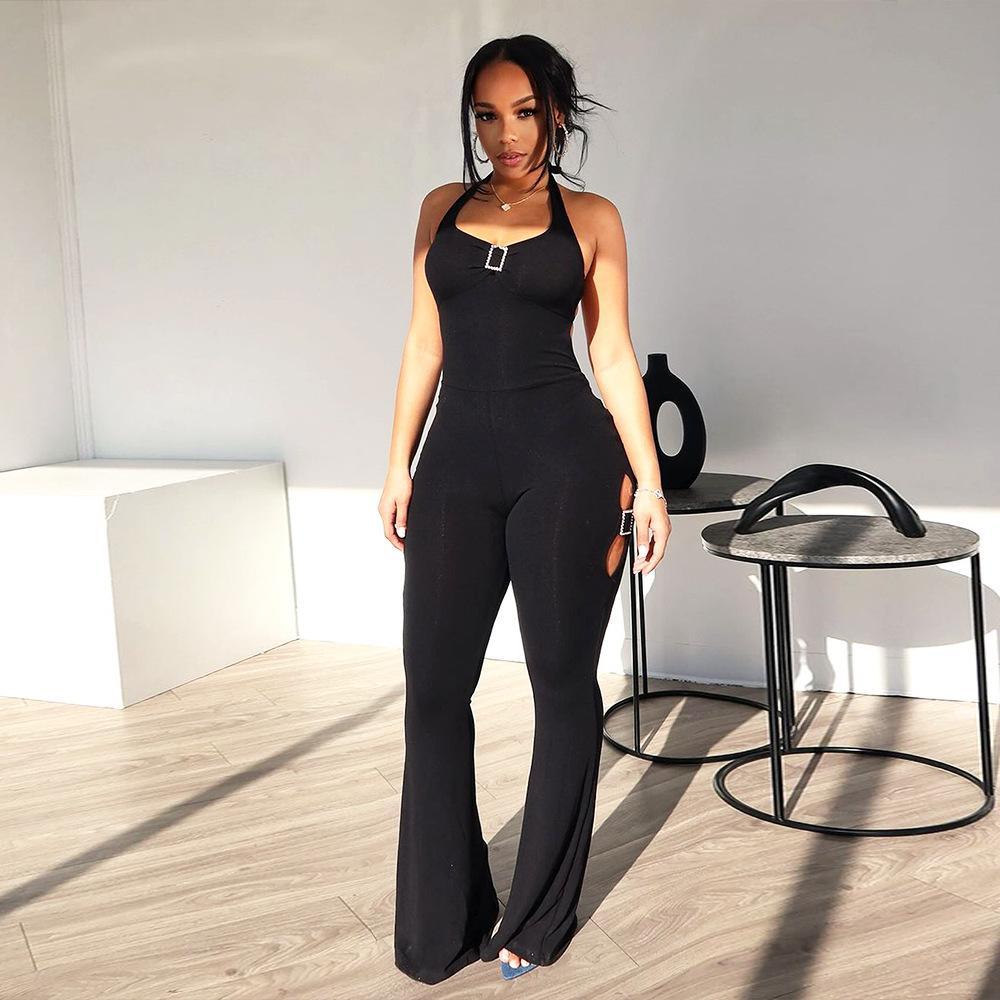 Halter Rhinestone Buckle Jumpsuit