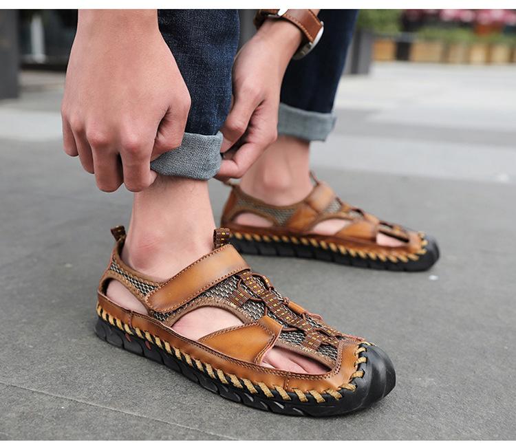 Men's Leather Sandals Plus Size Handmade Shoes Closed Toe Sandals