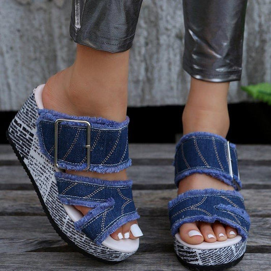 Women's Wedge Outdoor Beach Daily Summer Open Toe Casual Canvas Blue