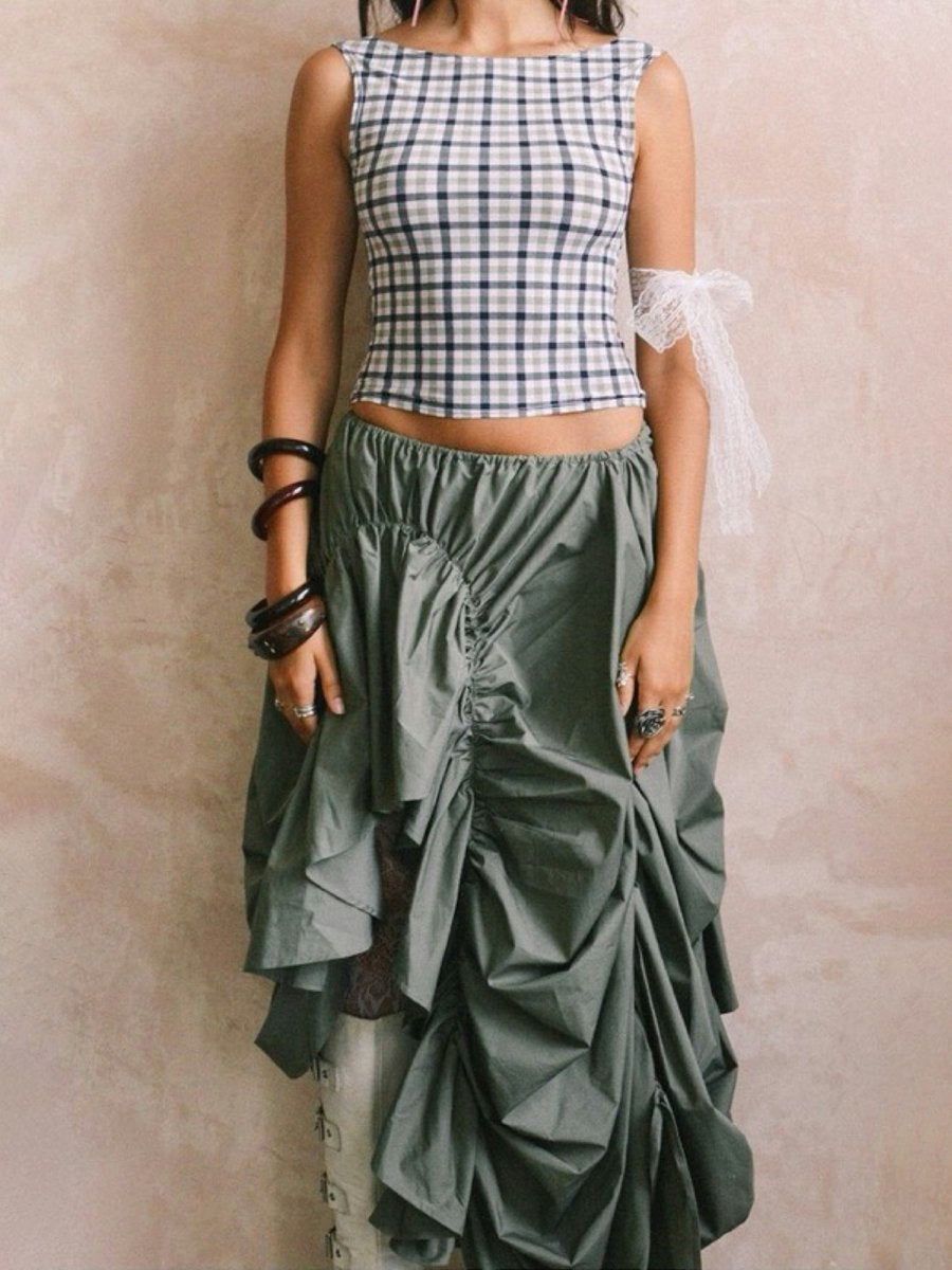 Wrinkled Elastic Waist Irregular Maxi Skirt