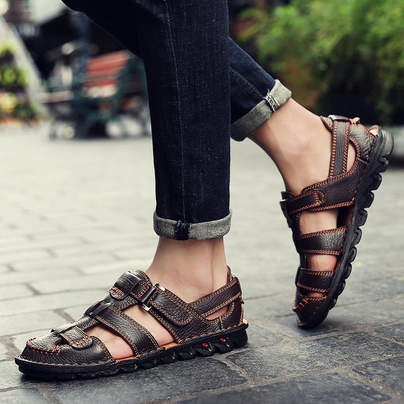 Closed Toe Sandals Leather Italian Full-Grain Cowhide Breathable Comfortable Slip