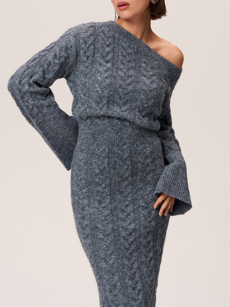 Skew Neck Knit Sweater Dress