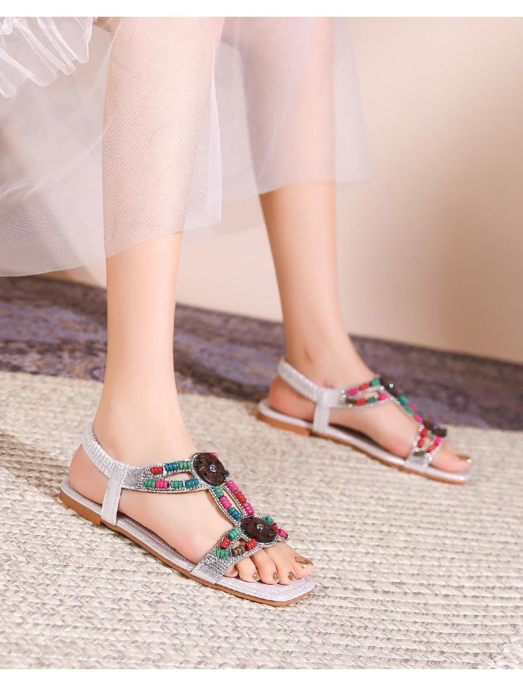 Women's Beaded Embellished Flat Sandals - Colorful Tribal-Inspired Casual Summer Footwear