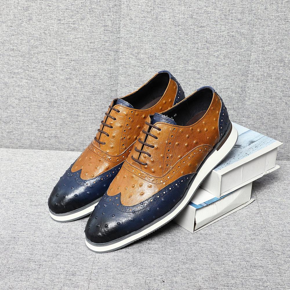 Handmade ostrich leather embossed classic Oxford color matching casual shoes